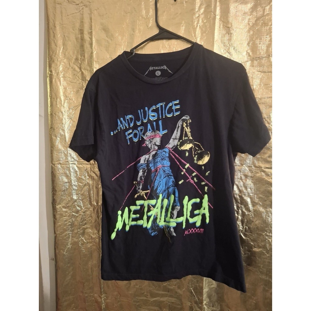 Metallica And Justice For All T Shirt Mens L Black Neon Graphic Band Tee EUC